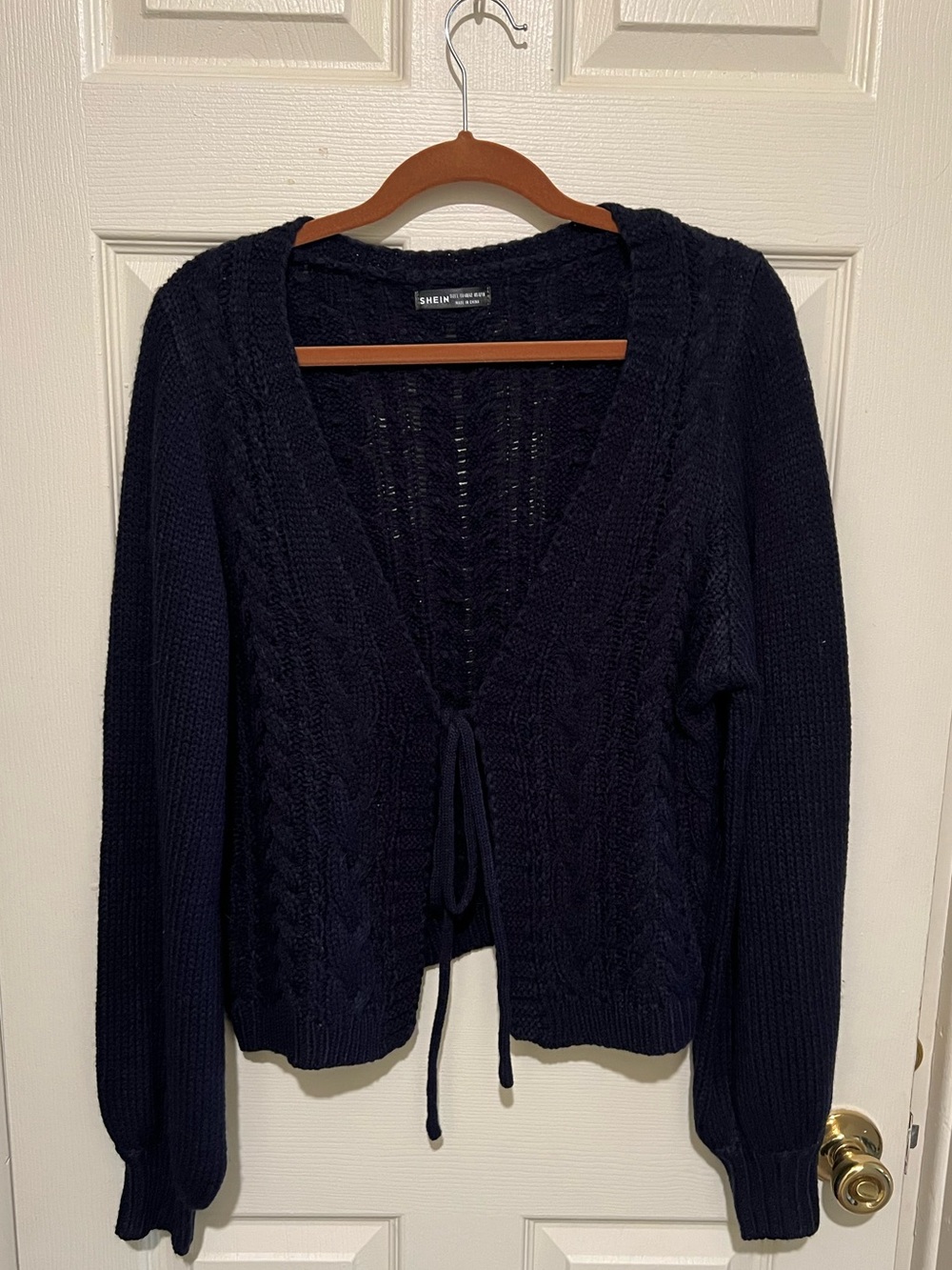 SHEIN Navy Cable Knit Tie-Front Women's Sweater Size L